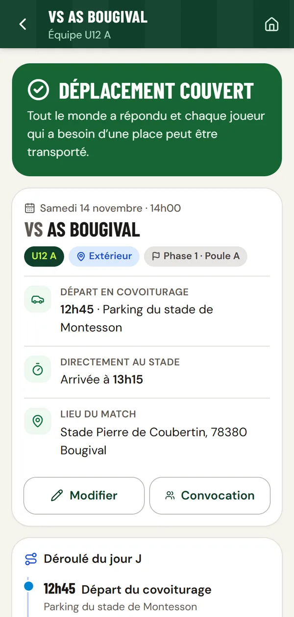 Écran du coach : bandeau vert « Déplacement couvert » sur le match contre AS Bougival, avec le RDV covoiturage et l’heure d’arrivée au stade.