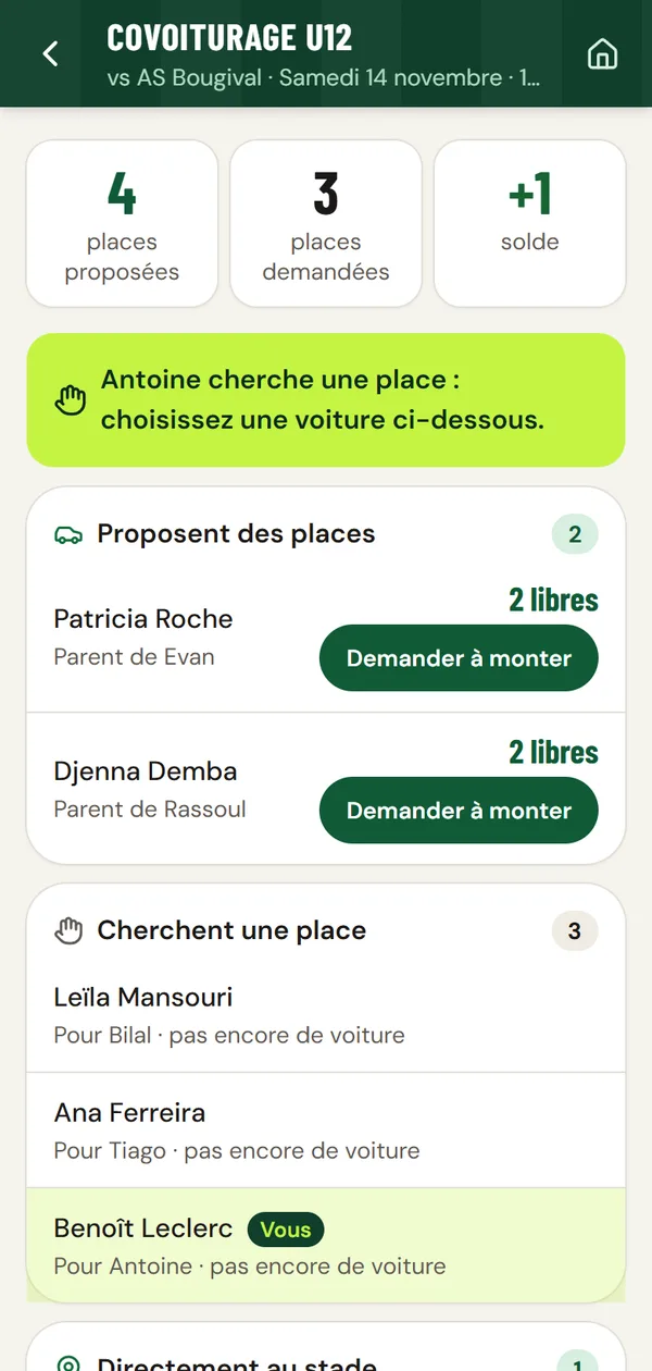 Écran du covoiturage de l’équipe : 4 places proposées, 3 demandées, solde +1, avec les conducteurs et le bouton « Demander à monter ».