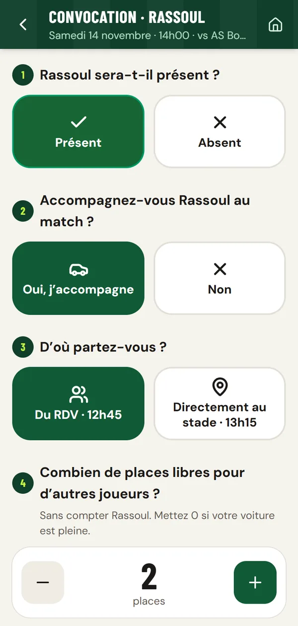 Écran du parent : Rassoul sera-t-il présent ? Présent. Accompagnez-vous Rassoul ? Oui. Départ du RDV, 2 places libres.